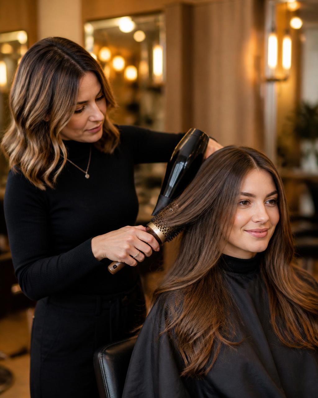 Coiffeuse réalisant un brushing sur une cliente